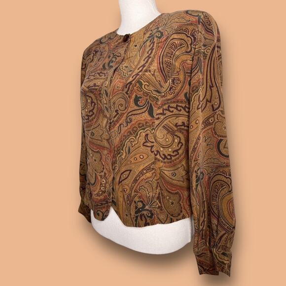Vintage 90s Liz Claiborne Size 4P Brown Silk Paisley Blouse Top Career Work - Picture 3 of 11